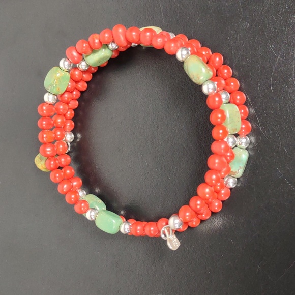 Coral/Turquoise/Sterling Silver Coil Bracelet - Picture 5 of 7